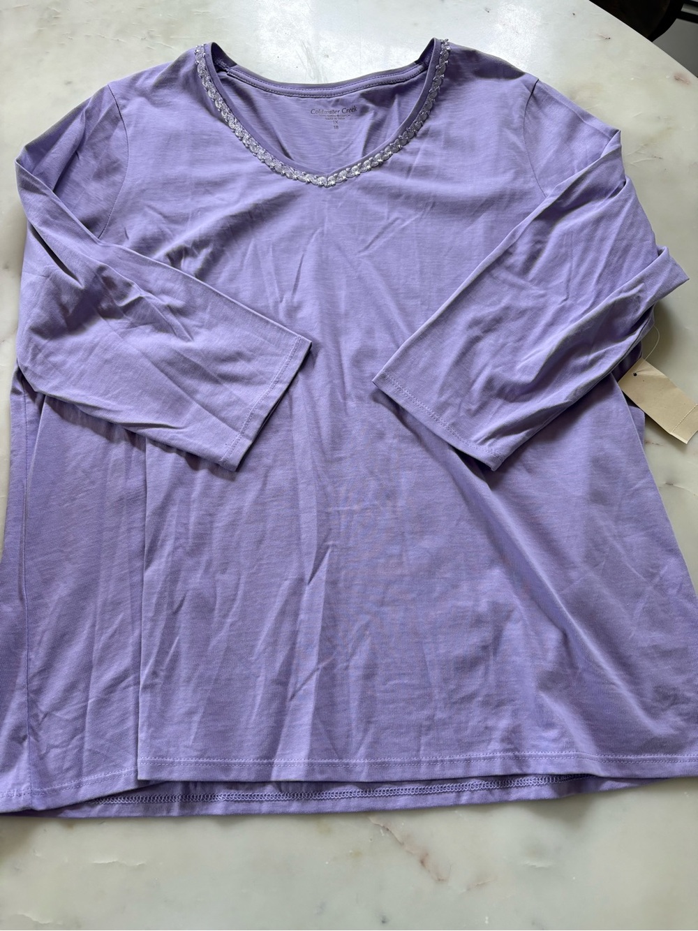 Coldwater Creek Lavender V-Neck Long Sleeve Tee with Beaded Trim